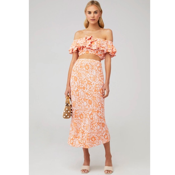 MINKPINK Orange Floral Printed Pull-On Midi Skirt - Picture 1 of 4